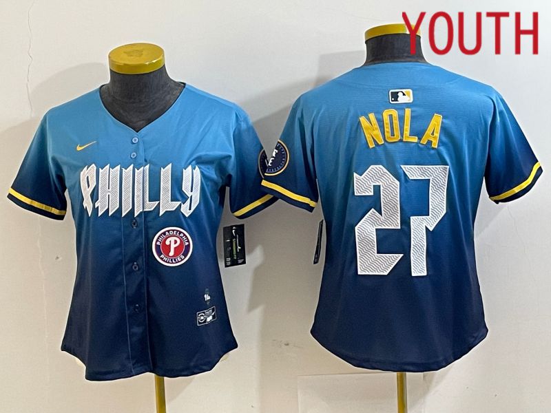 Youth Philadelphia Phillies 27 Nola Blue City Edition Nike 2024 MLB Jersey style 2